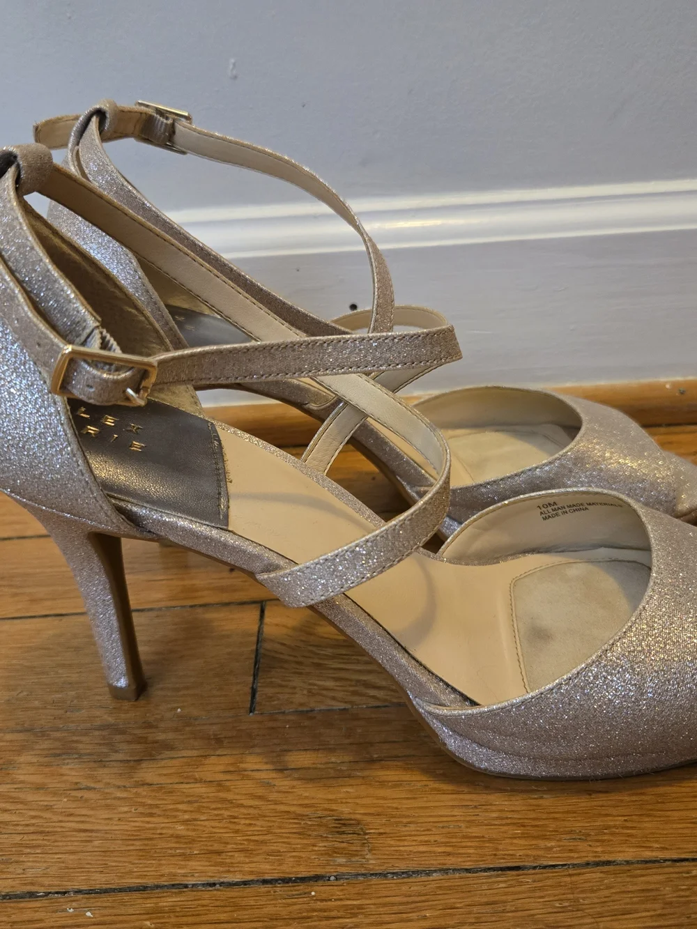 Alex Marie Glitter Open-Toe Ankle-Strap Heels in Champagne